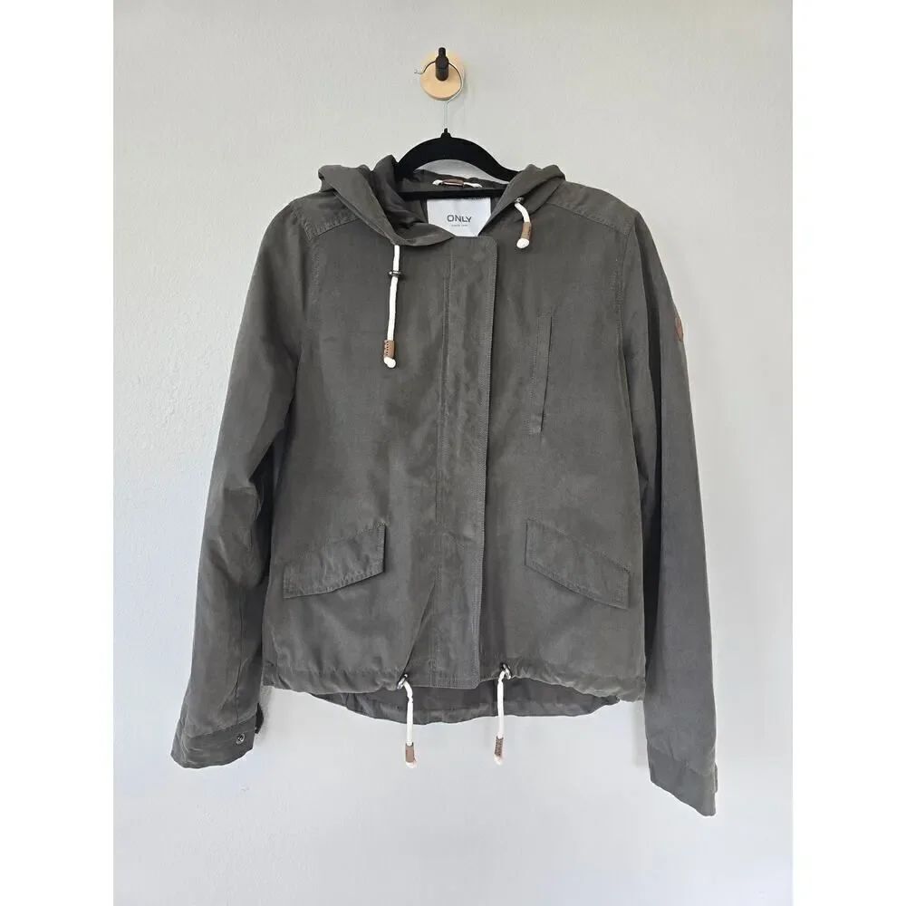ONLY Women’s Hooded Utility Jacket XS Gray Lightweight Drawstring Casual Layer